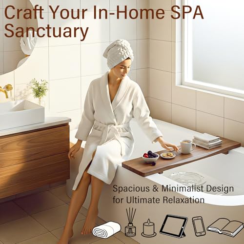 Acacia 1.2" T Wood Bathtub Tray Caddy for Freestanding Tub, 35" L Adjustable Bath Tray for Tub, Luxury Spa Bathroom Tray Organizer Table, Bath Tub Accessories for Women, Housewarming, Birthday Gifts