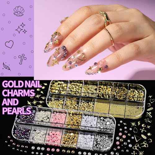 FANDAMEI Nail Charms and Gems, 8 Boxes Nail Art Kit for Design, Multi-Shape Rhinestones for Nails Flat Back Pearls Jewels, 3D Fruit Flower Candy Nail Charms, Gold Nail Studs Jewels