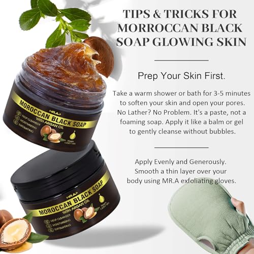 Moroccan Black Soap with Argan Oil – 2 Pack Hammam Body Scrub with Exfoliating Glove