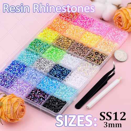 34000Pcs Resin Rhinestones with Tweezers for Bedazzling, Multicolor 3mm Crystal with 3Pcs 10ml B7000 Jewelry Glue for Bedazzled Nail Art Crafting Makeup