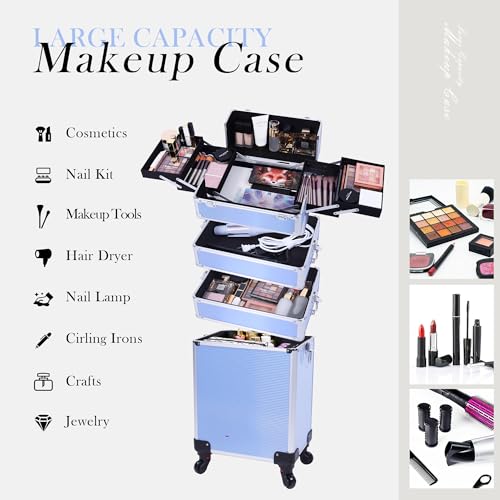5-in-1 Rolling Makeup Train Case with 360° Swivel Wheels
