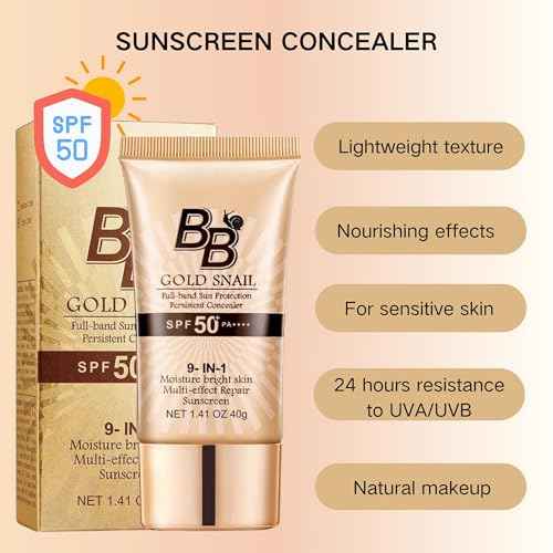 BB Cream Tinted Moisturizer With SPF 50, 9 in 1 BB Cream Sunscreen Protection Concealer, Foundation Full Coverage Tinted Moissturizer for All Skin, Oil-Free, Light (#01 Natural color, with 1 puff)