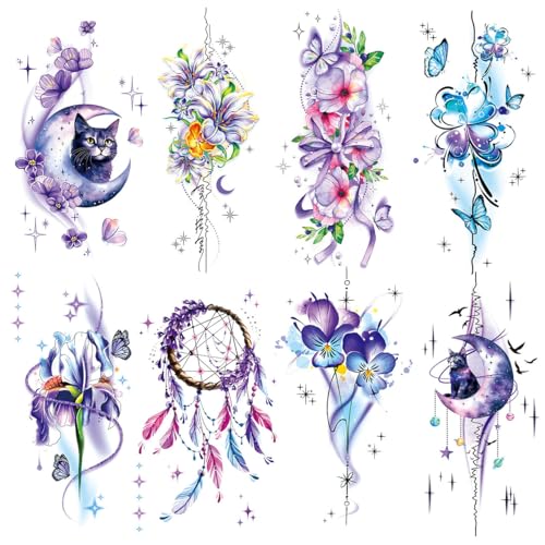 Watercolor Temporary Tattoos for Women - 8 Sheets