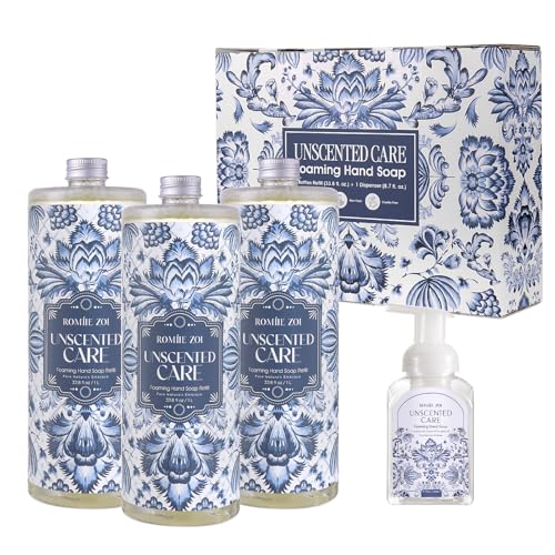 ROMIIE ZOI Foaming Hand Soap Refill Gift Set ? Unscented ? 3 Pack (1000ML Each) with Dispenser ? Pure & Neutral, Gentle & Frangrance Free Formula ? Bulk Refill Bottles for Bathroom & Kitchen Use