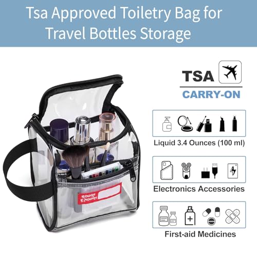 Rough Enough Clear TSA Approved Toiletry Bag Quart Size Travel Makeup Case with Zipper Compartment Small Mini Cosmetic Pouch Carry on for Women