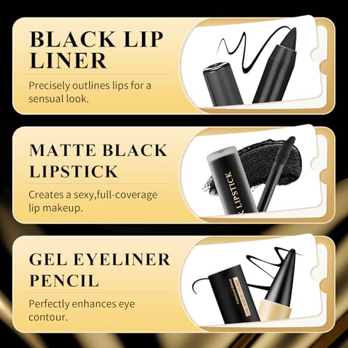 Black Lipstick Halloween Black Lip Liner & Gel Eyeliner Pencil,Matte black Lipstick Long Lasting Smudge Proof,Velvet Lip Gloss,Non Stick Cup,Suitable for Halloween Cosplay Goth Makeup