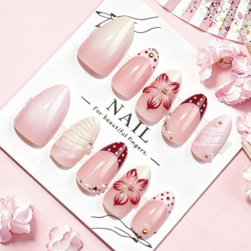 3D Floral Press On Nails Medium Almond 30pc Set