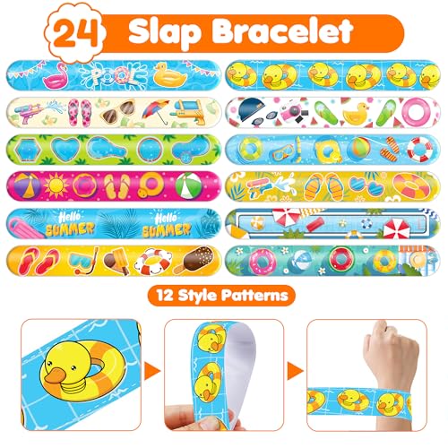 48PCS Pool Party Set - 24PCS Temporary Tattoos & 24PCS Slap Bracelets ? Fun Summer Birthday Supplies, Baby Shower Gifts, Classroom Rewards & Pool-Themed Decor for Kids (Boys & Girls)