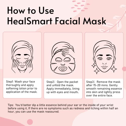 HealSmart Facial Mask, Intensive 72 Hour Deep Hydrating & Instant Brightening Face Sheet, Improve Skin Clarity and Radiance, for All Men Women Skin Types, High Capacity of 28ml/0.99oz (5 Pack)