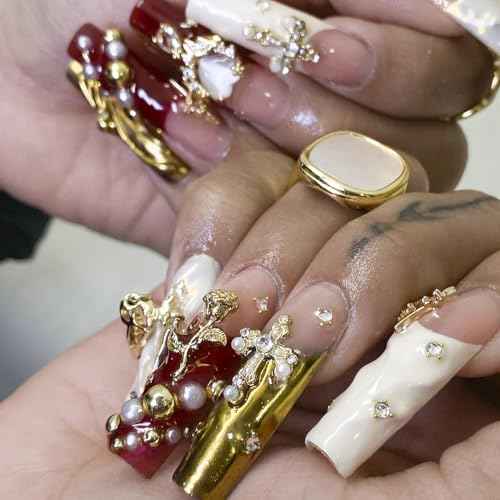 128PCS Gold Nail Charms Set with Rhinestones and Gems, Rose, Hearts, Cross and Virgin Mary - Y2K 3D Shiny Jewelry Nail Decorations Accessories Supplies