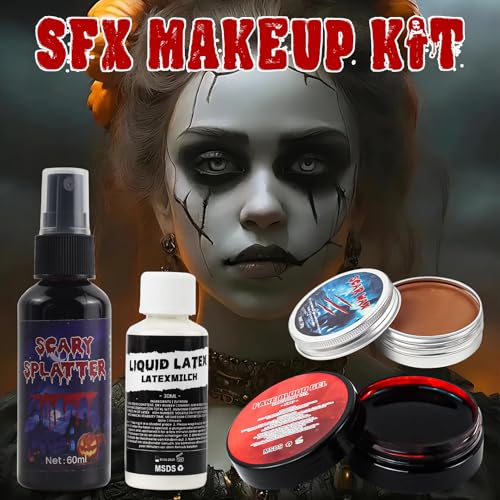 Halloween Fake Blood SFX Makeup Kit ? 7PCS Special Effects Set with Fake Blood Spray, Liquid Latex+Scar Wax+Fake Blood Gel+Spatula Tool & 2 Stipple Sponges ? Vampire Zombie Makeup Kit for Face & Body