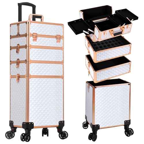 AROUS Rolling Makeup Train Case 4 in 1 Cosmetology Case on Wheels Large Storage Cosmetic Trolley with Key Salon Barber Case Traveling Cart Trunk,White
