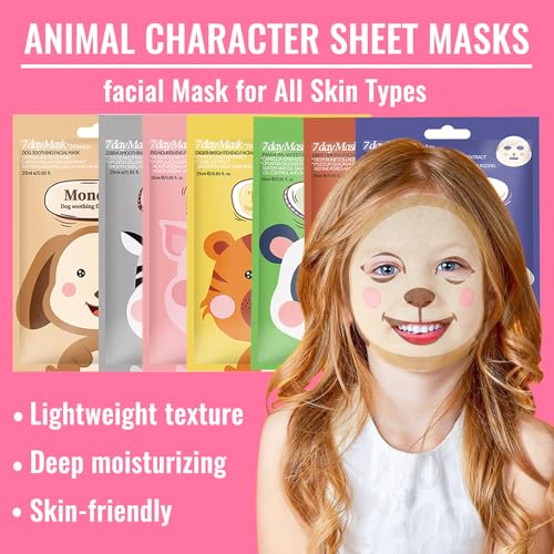 7 Pack Face Mask Skin Care for Kids, Animal Character Kids Face Mask, Spa Party Supplies for Girls, Sleepover Party Supplies for Girls, Teen Girl Gifts, Spa Party Favors for Women