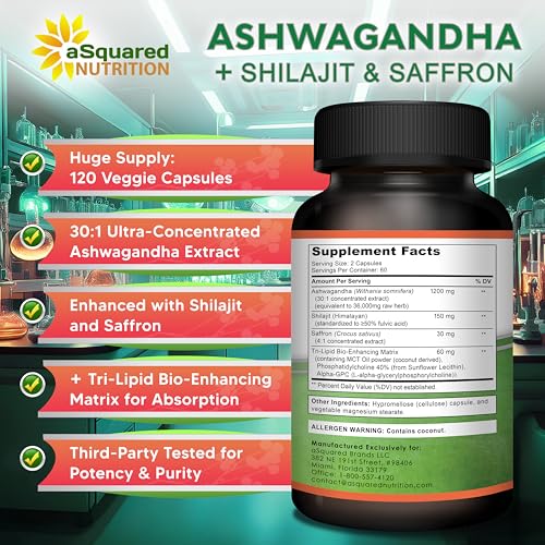 aSquared Nutrition Ashwagandha with Shilajit & Saffron - 120 Capsules