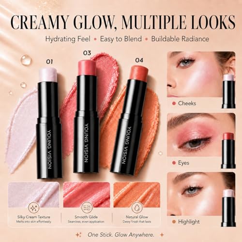 YOUNG VISION Multi-Use Cream Blush Makeup Stick, Hydrating Dewy Lip
