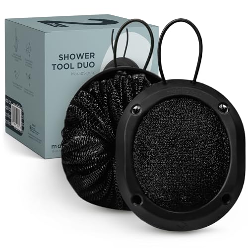 MainBasics 2-in-1 Exfoliating Shower Loofah & Body Scrubber (2 Pack, Black)