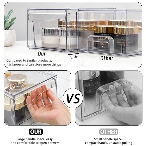 6 Pack Clear Stackable Storage Drawers,12"W Large Bathroom Makeup Organizer and Pen,Sunglass,Medicine,Baby Bottle Organizer,Plastic Pull Out Storage Bins for Desk,Under Cabinets,Vanity Countertop