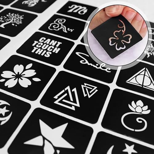 302pcs Temporary Tattoo Stencils, 12 Sheets Henna Tattoo Stencil Kit for Women and Man Face Body Paint Reusable Glitter Tattoo Stencils Pack Party Favor Supplies