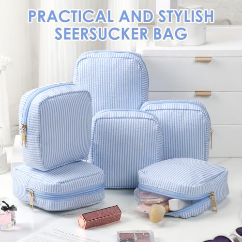 Sanwuta Seersucker Makeup Bag 6-Pack, Light Blue Striped