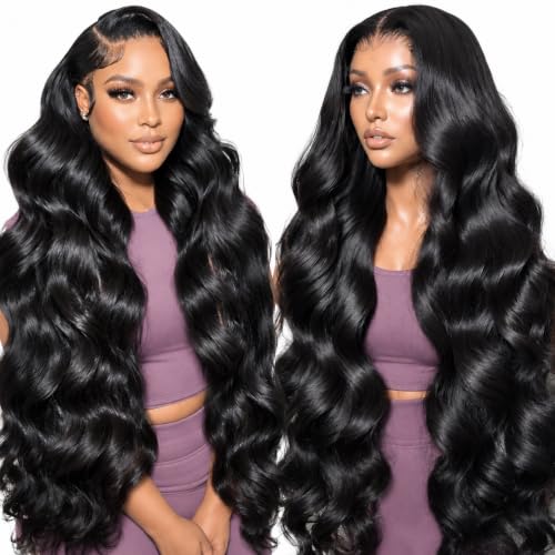 RUNBUY 13x6 Body Wave Lace Front Wigs Human Hair Pre Plucked 26 Inch Natural Color