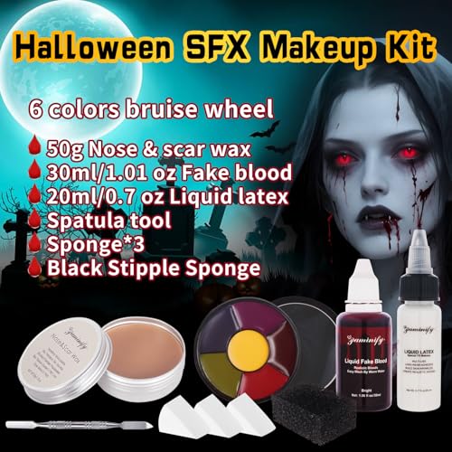 Halloween SFX Makeup Kit,6 Colors Bruise Wheel+30ml Dripping Washable Fake Blood+Liquid Latex+Scar Wax with Spatula+3 Pcs Sponge+Stipple Sponge,Face Fake Injury Special Effects Makeup Kit