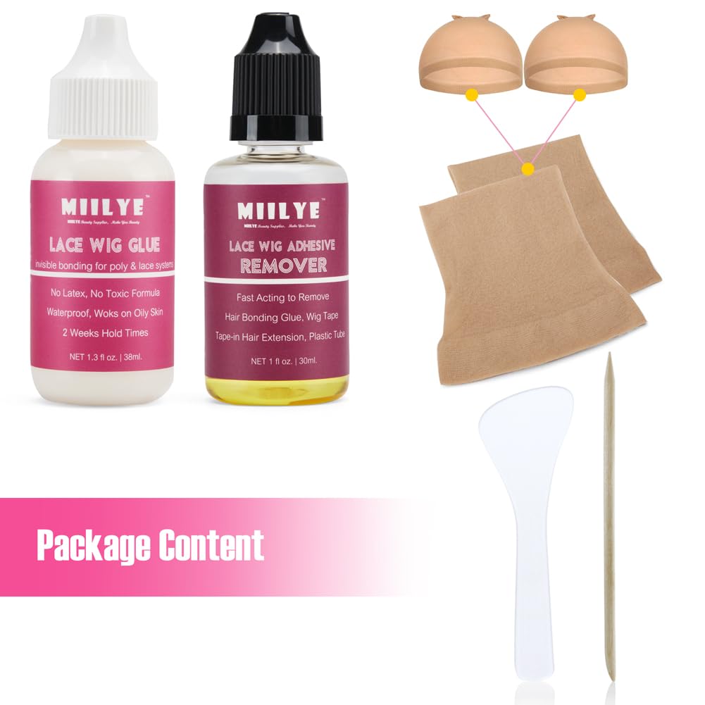 Wig Adhesive and Glue Remover Set, Invisible Waterproof MIILYE Hair Replacement Bonding Glue + Solvent, Strong Hold for Lace Front Wig and Poly Hairpieces, Toupee, Cosmetic Hair Systems