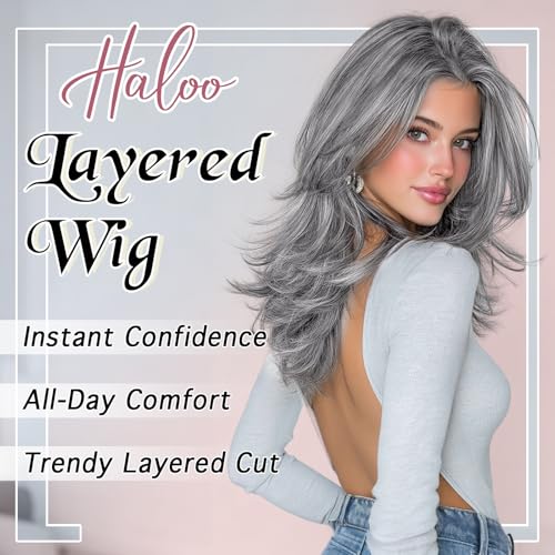 Haloo 20 Inch Grey Layered Wig with Curtain Bangs - Lace Front Synthetic Hair for Women
