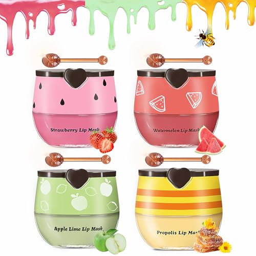 Bee Lip Balm Honey Pot, 4pcs Propolis Lip Mask Overnight Moisturizing Fruity Lip Balm with Stick, Hydrating Prevention Dry and Cracked Lip Scrubs Exfoliator Lip Care (Four flavors)