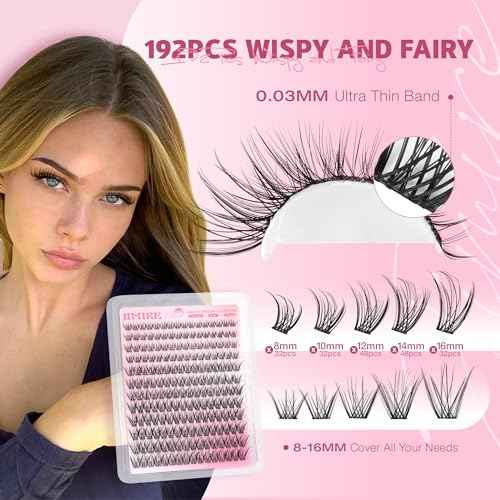 JIMIRE Natural Lash Clusters Wispy Eyelash Clusters 192Pcs C-Curly Cluster Eyelash Extensions 8-16MM Pesta?as Postizas Naturales Lash Extensions Easy to Apply DIY at Home by Self