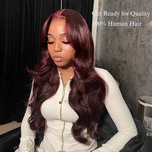 ALHER #99j Dark Burgundy Body Wave Bundles with 2x6 Kim K Lace Closure 18 20 22+18 Inch, Purplish Wine Red Color 3 Bundles with 2x6 Long Deep Part Closure With Baby Hair 100% Real Human Hair
