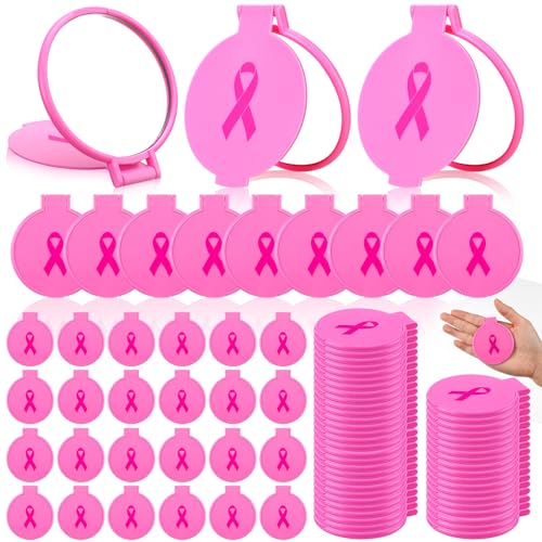 Tatuo 100 Pcs Breast Cancer Awareness Gifts for Women Mini Folding Makeup Mirror Bulk Round Pocket Portable Mirror Breast Cancer Awareness Accessories for Women Friends (Pink)