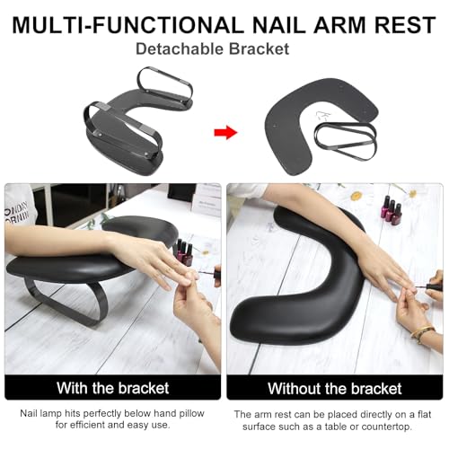 Manicure Arm Rest for Nails Tech,U Shaped Nail Arm Rest Stand,Soft PU Leather Manicure Hand Rest Holder Cushion with Detachable Bracket,Acrylic Nail Salon Home Use(Full Black)