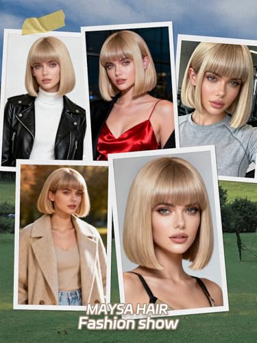 MAYSA 12-Inch Blonde Bob Wig with Bangs - Natural Look Synthetic Hair