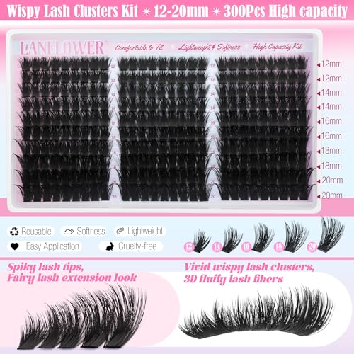 Lanflower Fluffy Lash Clusters Kit Volume 300Pcs Eyelash Clusters with Spikes Manga Cluster Eyelash Extensions Kit Wispy Lash Extension Kit 12-20mm High Capacity Eyelash Extension Kit for Beginners