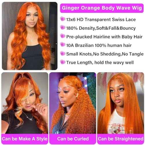 Ginger Lace Front Wigs Human Hair 13X6 Orange Ginger Body Wave HD Lace Frontal Wigs for Women Glueless Auburn 350 Color Pre Plucked Natural Hairline 180% Density Super Soft 22 Inch