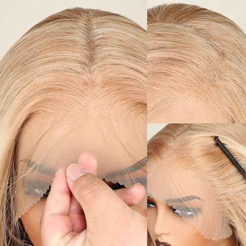 SISgrace 13¡¿6 Pre Plucked HD Lace Front Wigs Pre Layered Body Wave Natural Hairline Synthetic Glueless Wigs for Women 18 Inch Tiny Knots Lace Bob Wigs (Blonde with White Highlight)