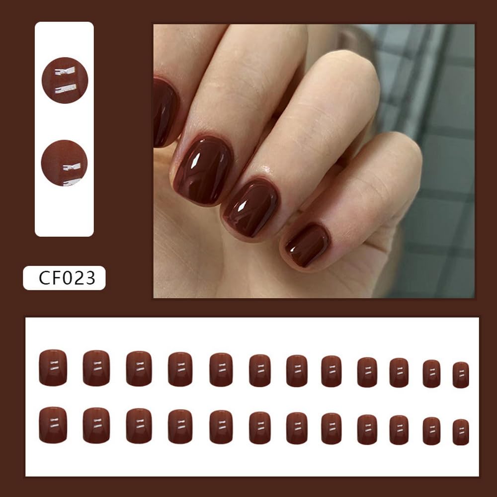 Square Press on Nails Short Brown Acrylic Short Fake Nails Winter Nails Press ons, Full Cover Glue on Nails Short Artificial Glossy Designs for Women 24 Pcs