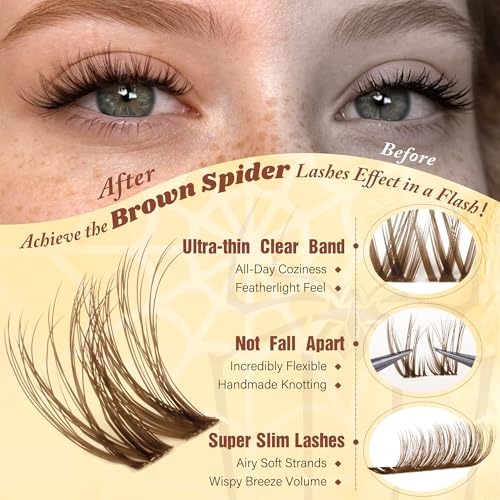 Zenotti D-Brown Wispy Spider Breeze Lash Clusters - Natural Brown, 8-16mm, Invisible Band, Fluffy Curly Eyelash Extensions
