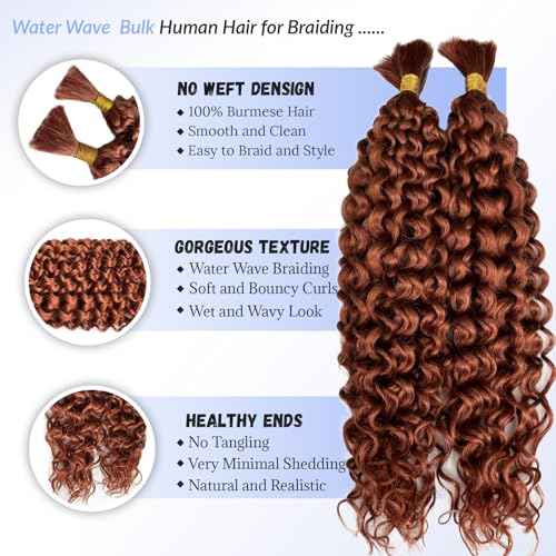 Human Braiding Hair for Boho Braids 24 Inch 100G #30 Auburn Brown Deep Water Wave Boho Human Hair Curly Braiding Bundles No Weft Wet and Wavy Brown Bulk Human Hair for Knotless Braids