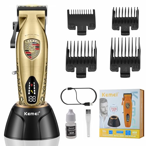 KEMEI Hair Clippers for Men Professional, Barber Clippers for Hair Cutting & Grooming, Cordless Beard Trimmer with Charging Base LED Display KM-2230 Gold