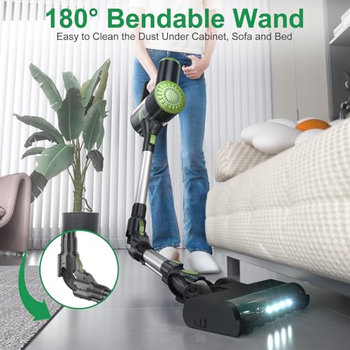 PRETTYCARELIFE Cordless Vacuum Cleaner, 6 in 1 Lightweight Stick Vacuum Self-Standing with Powerful Suction, 180° Bendable Wand Rechargeable Cordless Vacuum for Hardwood Floor (Green)