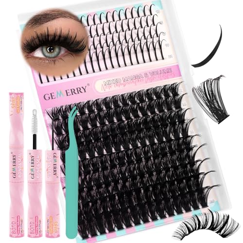 GEMERRY Lash Clusters Kit 100D Long 12-21mm with Spikes Cluster Eyelash Extensions Kit DIY Wispy Natural Lash Clusters with Lash Bond and Seal Spiky Individual Lashes Eyelashes