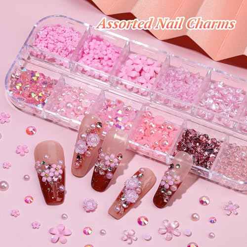 5 Boxes 3D Nail Charms Set,24Pcs Y2k Alloy Nail Art Rhinestone Charms 3D Bow Flower Crown Heart Star with Tweezers and Dual-end Brush for Manicure Salon DIY Crafts,Face Makeup Gems Jewels (Pink)