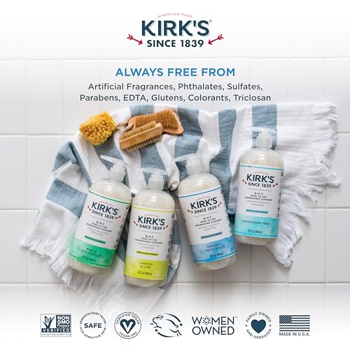 Kirk's 3-in-1 Head to Toe Nourishing Liquid Cleanser & Travel Size Bar Soap - for Men, Women & Children - Premium Coconut Oil and Aloe Vera- Non GMO & Vegan -Original Fresh Scent - 32 Fl Oz. 2 pack