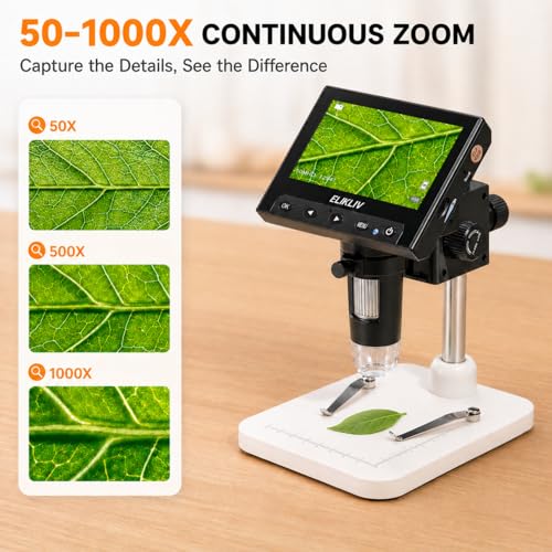 Elikliv White LCD Digital Microscope 1000x with 8 LED Lights, 4.3" Display