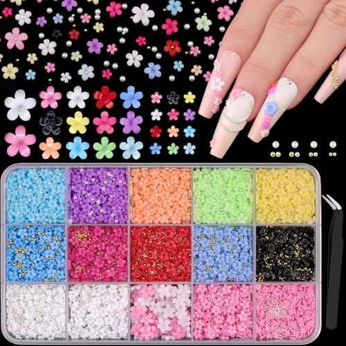 3D Flower Nail Charms for Nail Art, Cute Colorful Acrylic Floral Nail Charms with Caviar Beads and Flatback Pearls, Spring Blossom Petal for Manicure Nail Decor DIY