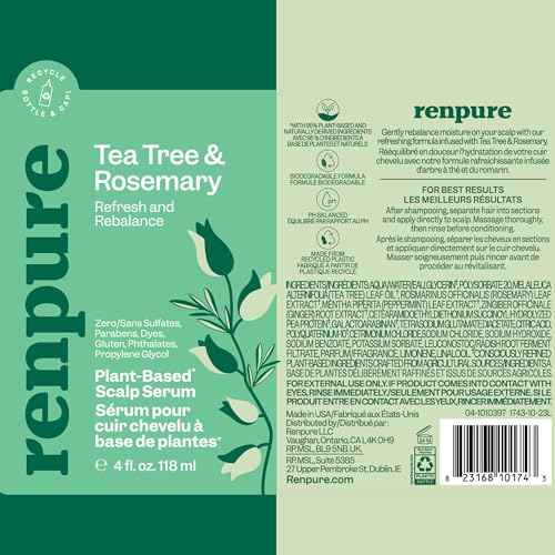 Renpure Tea Tree & Rosemary Scalp Serum, Plant-Based - Refreshing & Rebalancing - For Moisturized, Soft Hair - For Oily/Normal Hair- Tea Tree Leaf Oil, Rosemary Leaf Extract - 4 Fl Oz