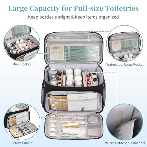 Travel Toiletry Bag, Portable Makeup Bag for Women Girls, Water-resistant Makeup Cosmetic Bag Travel Bag for Full-Size Toiletries, Accessories, Black