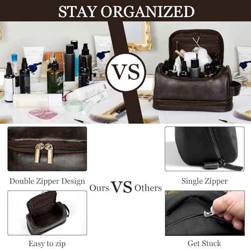 Travel Toiletry Bag for Men, Large Water-resistant Shaving Bag Toiletries Organizer, PU Leather Dopp Kit, with Hanging Hook, Multi-functional and Stylish, Ideal for Grooming, Travel, Camping, Gym