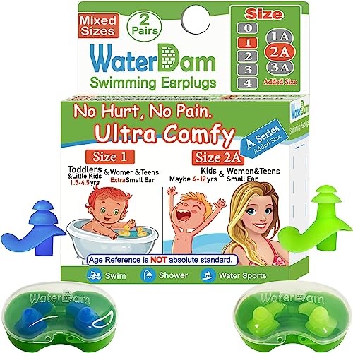 WaterDam A-Series Swimming Ear Plugs Ultra Comfy Great Waterproof Earplugs (Mixed Sizes, Size 1+2A: Small Ear Women Teens Kids (Blue Green))